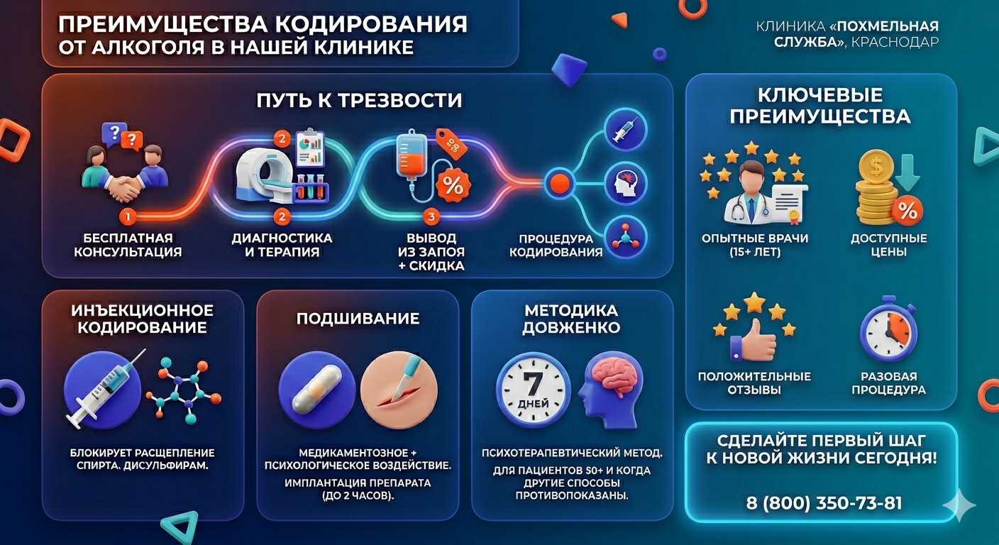 Инфографика о методах кодирования от алкоголя в Можге: инъекции, подшивание, метод Довженко. Преимущества клиники и этапы лечения.